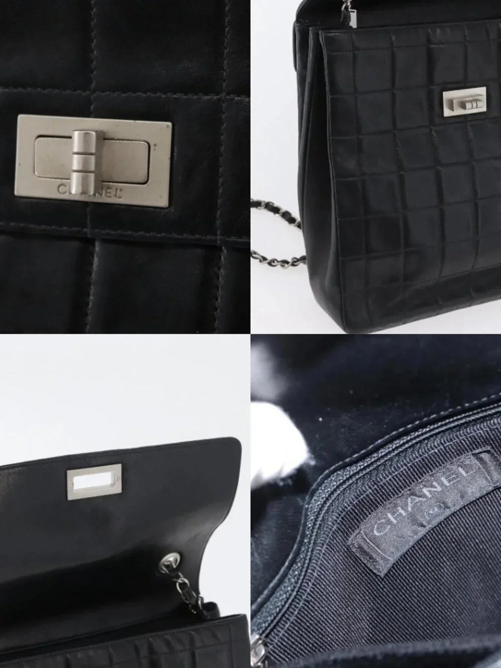 CHANEL Choco Bar Chain Shoulder Bag Lamb Skin Black Silver CC Auth bs33473